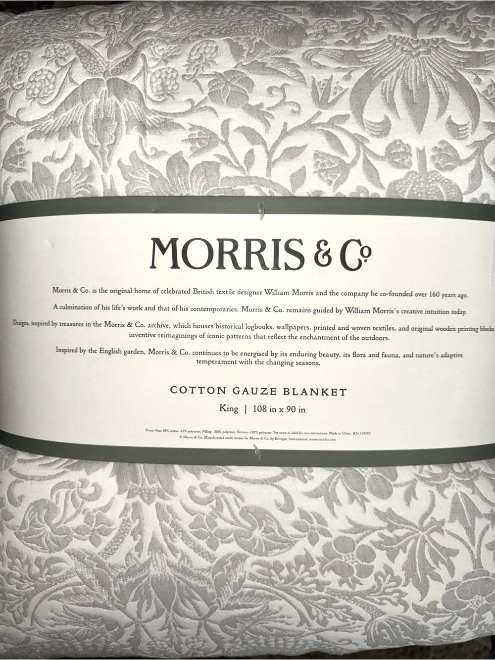Morris & Co Jacquard Gray Strawberry Thief KING Blanket Faux Fur Reverse Luxury